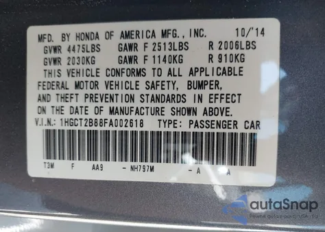 2015 Honda Accord Ex-L V-6 z USA, uszkodzony, nr VIN 1HGCT2B88FA002618